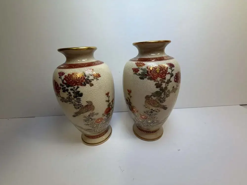 Vintage Japanese Satsuma Style Crackle Glaze Floral Bird‎ Vases Set of 2